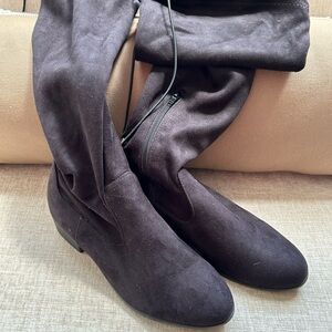 Wide calf stretch over the knee boots. Black faux suede material. Size 10